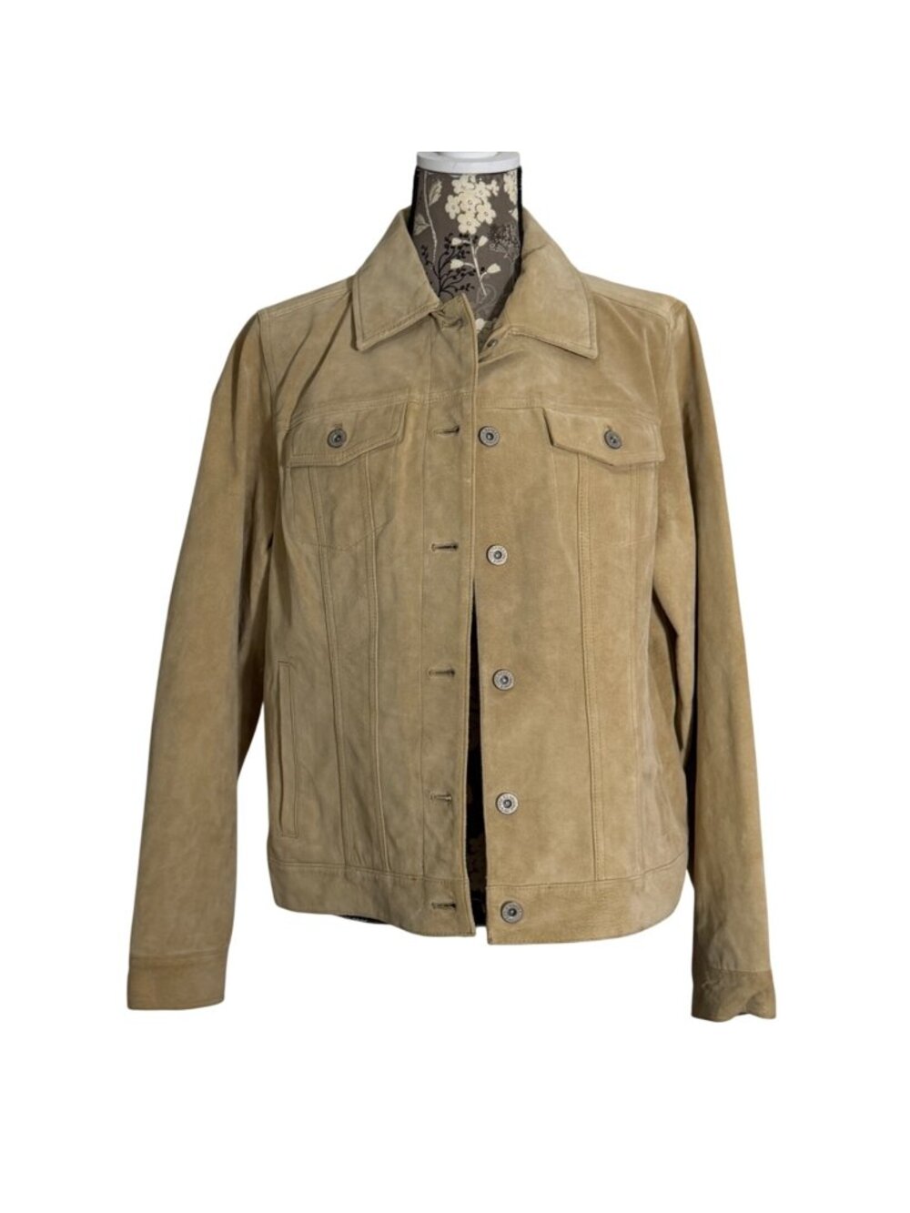 Vintage Eddie Bauer Suede Womens Satin Lined Tan Button Up Trucker Jacket Size L